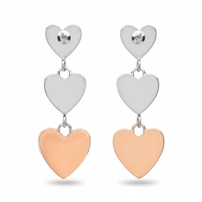Orecchini pendenti 2Jewels in acciaio PVD rosa e argento con ciondoli a cuore sovrapposti. Design romantico e femminile.