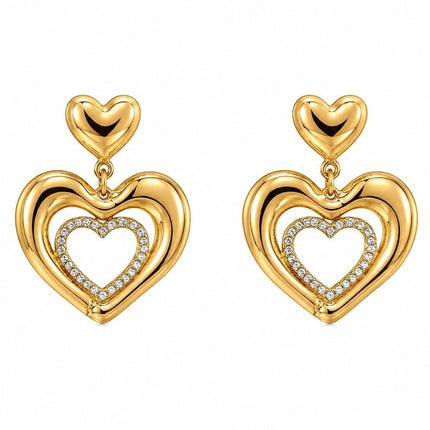Tempo A Tempo orecchini pendenti a triplo cuore dorati con strass pavé, 4,5cm