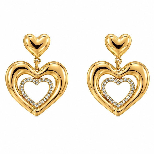 Tempo A Tempo orecchini pendenti a triplo cuore dorati con strass pavé, 4,5cm