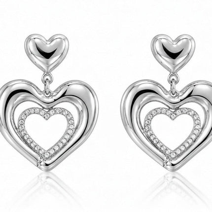Orecchini pendenti Tempo A Tempo Shelly a forma di doppio cuore in metallo argentato con strass pavé luminosi