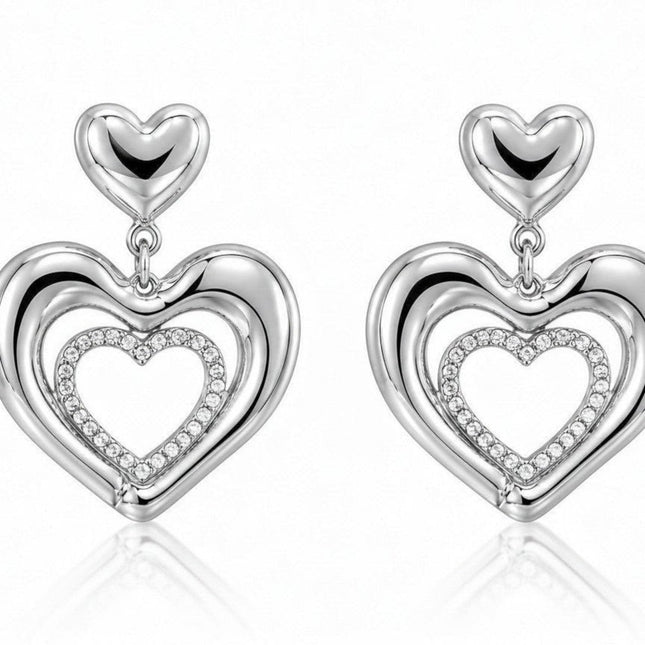 Orecchini pendenti Tempo A Tempo Shelly a forma di doppio cuore in metallo argentato con strass pavé luminosi