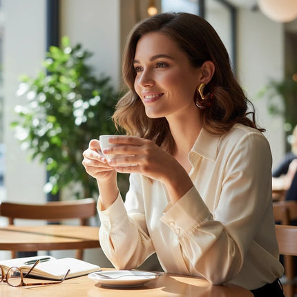 Donna sorridente indossa orecchini Shelly a goccia in acciaio dorato e resina ambra in un caffè, stile elegante.