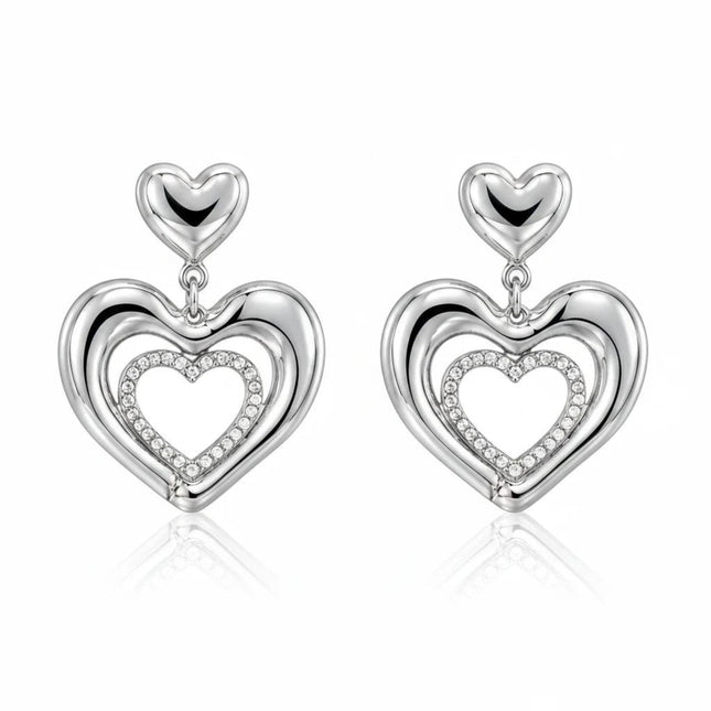 Orecchini pendenti Tempo A Tempo a doppio cuore in metallo argentato con strass pavé bianchi, design romantico 4cm