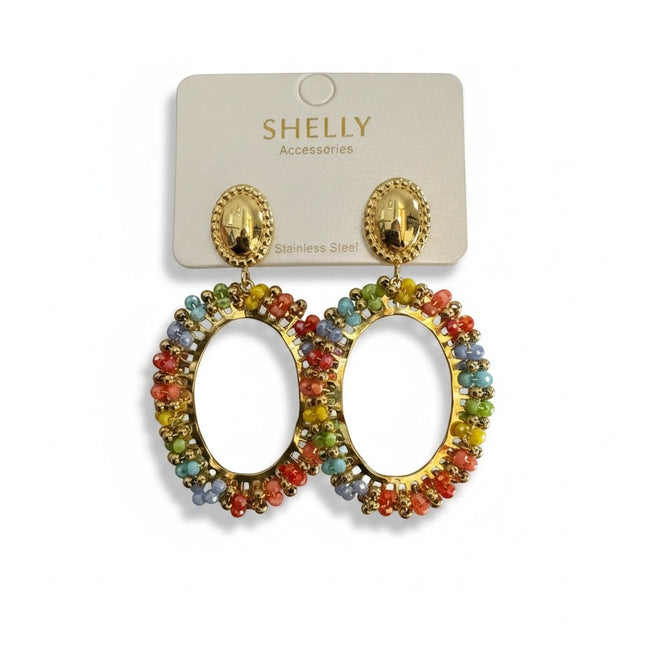 Tempo A Tempo Orecchini pendenti dorati ovali con cristalli multicolor e perline dorate, stile boho-chic.