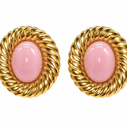 Tempo A Tempo Orecchini a lobo donna in metallo dorato con cabochon ovale rosa antico e design a treccia.