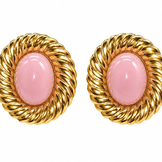 Tempo A Tempo Orecchini a lobo donna in metallo dorato con cabochon ovale rosa antico e design a treccia.
