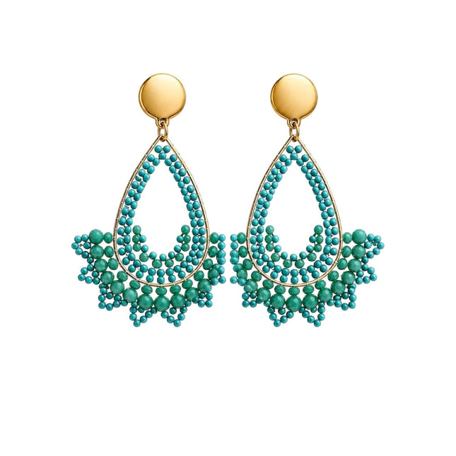 Tempo A Tempo Orecchini a goccia dorati con perline turchesi e verdi, stile boho