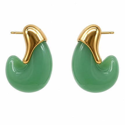 Orecchini a goccia Tempo A Tempo in acciaio dorato e resina verde giada, design bombato elegante e moderno.
