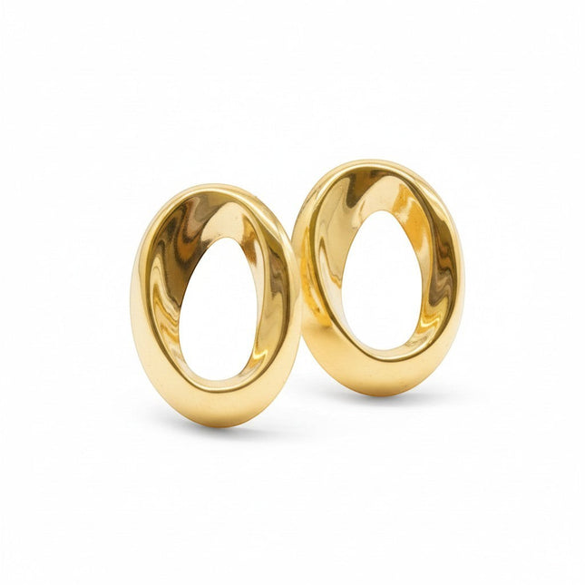 Tempo A Tempo Orecchini donna in lega oro lucido, ovali asimmetrici, finitura a specchio, nickel free, 4,5cm.