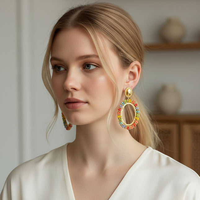 Tempo A Tempo donna orecchini pendenti ovali dorati con cristalli multicolor e perline dorate, stile boho-chic.