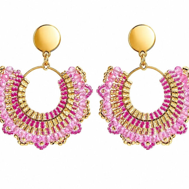 Tempo A Tempo Orecchini Shelly cerchio pendenti perline rosa e cristalli fucsia, base dorata, acciaio inossidabile.