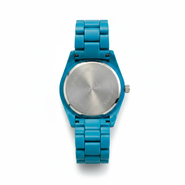 Retro del fondello in acciaio dell'orologio Tempo A Tempo OPS Objects azzurro in resina con bracciale integrato