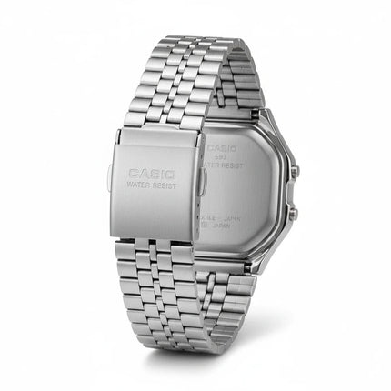 Vista posteriore della cassa e del cinturino in acciaio dell'orologio Casio A159WA-N1DF
