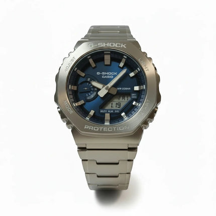 Orologio Tempo A Tempo Casio G-Shock full metal in acciaio con quadrante blu analogico-digitale e cassa ottagonale