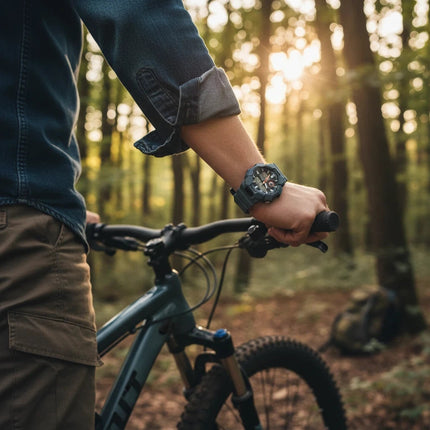 Orologio Tempo A Tempo Casio G-Shock GA-010-2AER verde petrolio ana-digi indossato da un uomo in bicicletta nel bosco
