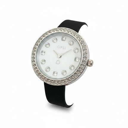 Orologio donna OPS Objects con cassa in acciaio silver, lunetta doppia fila di strass e quadrante bianco con indici misti cristallo. Cinturino in pelle nera.