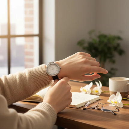 Orologio donna Tempo A Tempo OPS Objects con cinturino in pelle nera, cassa in acciaio e lunetta a doppia fila di strass