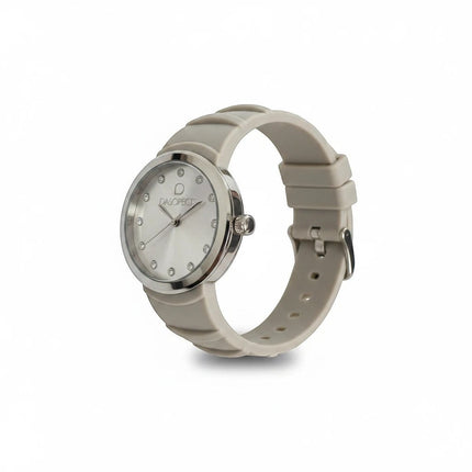 Orologio da donna Tempo A Tempo in silicone beige con quadrante silver e indici a cristallo. Design italiano.
