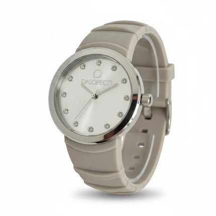 Orologio da donna Tempo A Tempo in silicone beige con quadrante silver, indici a cristallo e cassa in acciaio. Design italiano.