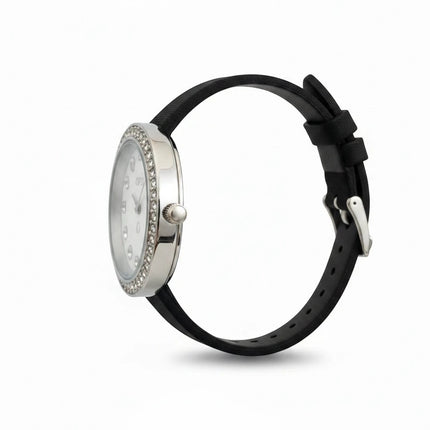 Orologio donna Tempo A Tempo con cassa in acciaio silver, lunetta doppia fila di strass e cinturino in pelle nera.