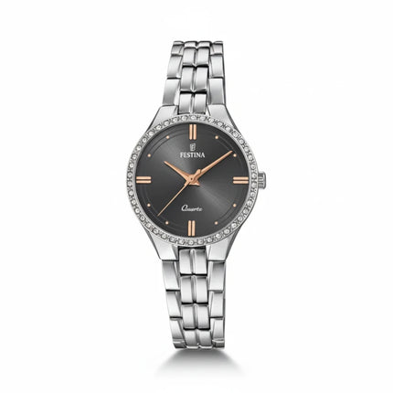 Orologio donna Tempo A Tempo Festina F20218/2 in acciaio con quadrante scuro, indici oro rosa e lunetta con cristalli