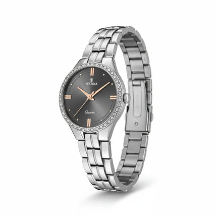 Orologio donna Tempo A Tempo Festina F20218/2 in acciaio con quadrante scuro, lancette oro rosa e lunetta con cristalli