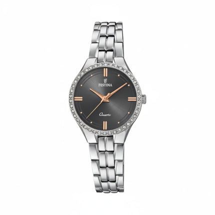 Orologio donna Tempo A Tempo Festina in acciaio con quadrante scuro, indici oro rosa e lunetta impreziosita da cristalli