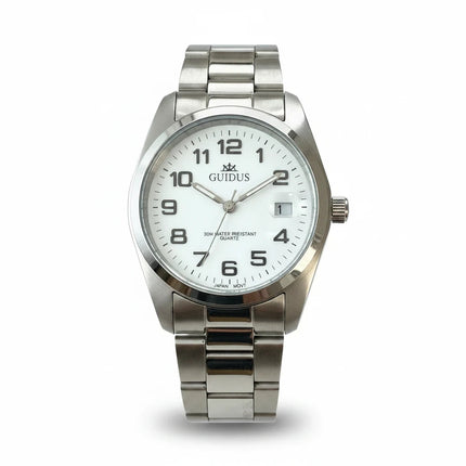 Orologio uomo Tempo A Tempo Guidus in acciaio 39mm con quadrante bianco, numeri arabi e bracciale Oyster