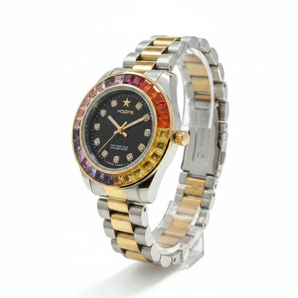 Orologio donna Tempo A Tempo Hoops in acciaio bicolore con lunetta decorata da cristalli multicolore e quadrante nero