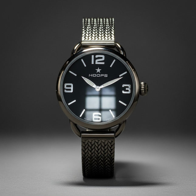 Orologio donna Tempo A Tempo Hoops Candy Classic con cassa rotonda argentata, quadrante nero e cinturino mesh in acciaio