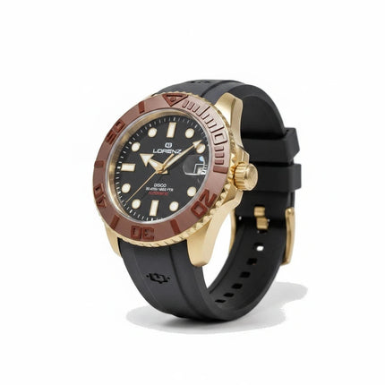 Orologio diver automatico Tempo A Tempo Lorenz DI-300 con cassa oro, ghiera marrone, quadrante nero e cinturino in gomma