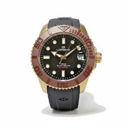 Orologio Tempo A Tempo Lorenz DI-300 automatico diver con cassa oro, ghiera marrone e cinturino in gomma nera