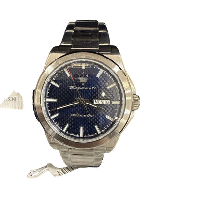 Orologio da uomo Tempo A Tempo Maserati Velocità automatico con quadrante blu a nido d'ape e bracciale in acciaio.