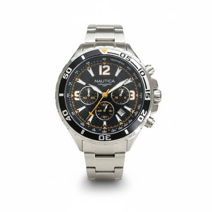 Orologio cronografo uomo Tempo A Tempo Nautica NAPNSS217 con cassa in acciaio, quadrante nero e dettagli arancio