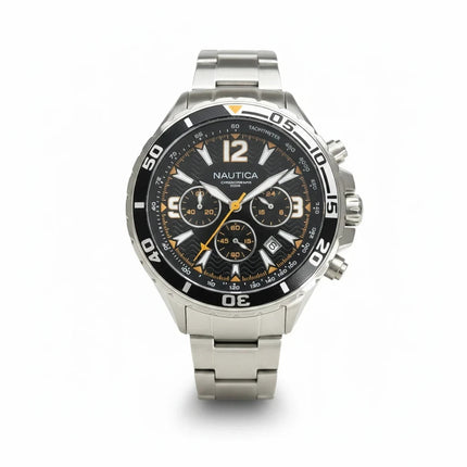 Orologio cronografo uomo Tempo A Tempo Nautica con cassa in acciaio, quadrante nero e dettagli arancio, 45mm