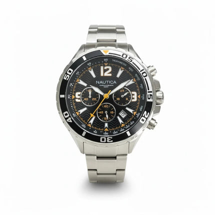 Orologio uomo Tempo A Tempo Nautica cronografo in acciaio con quadrante nero e dettagli arancio, cassa 45mm