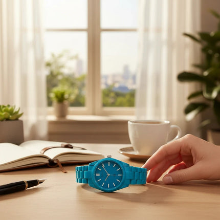 Orologio donna Tempo A Tempo OPS Objects azzurro in resina con design total-color su scrivania luminosa