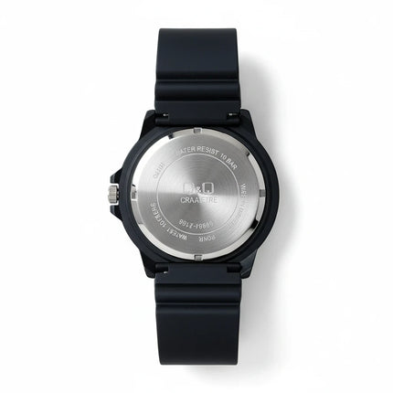 Retro della cassa in acciaio dell'orologio Tempo A Tempo Q&Q by Citizen sportivo con cinturino nero in poliuretano