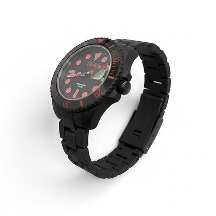 Orologio uomo Tempo A Tempo in acciaio IP nero con quadrante nero e dettagli rossi, stile diver, 5 ATM.