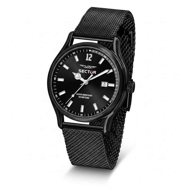 Orologio uomo Sector 660 total black con cassa 43mm in acciaio PVD nero e cinturino mesh milanese. Quadrante nero con data.