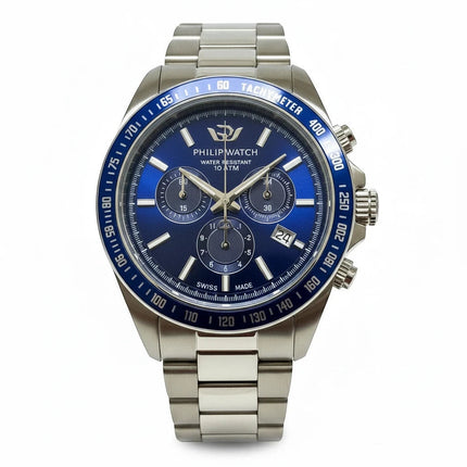 Orologio cronografo Tempo A Tempo Philip Watch Grand Reef con quadrante blu sunray e bracciale in acciaio inossidabile