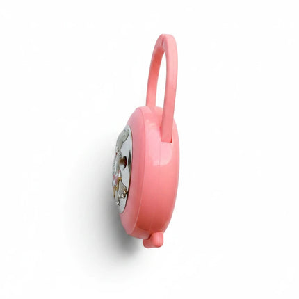 Tempo A Tempo pink plastic pacifier case with a silver teddy bear emblem and integrated handle, side view