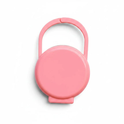 Tempo A Tempo pink plastic pacifier case with a convenient integrated handle for easy attachment to diaper bags.