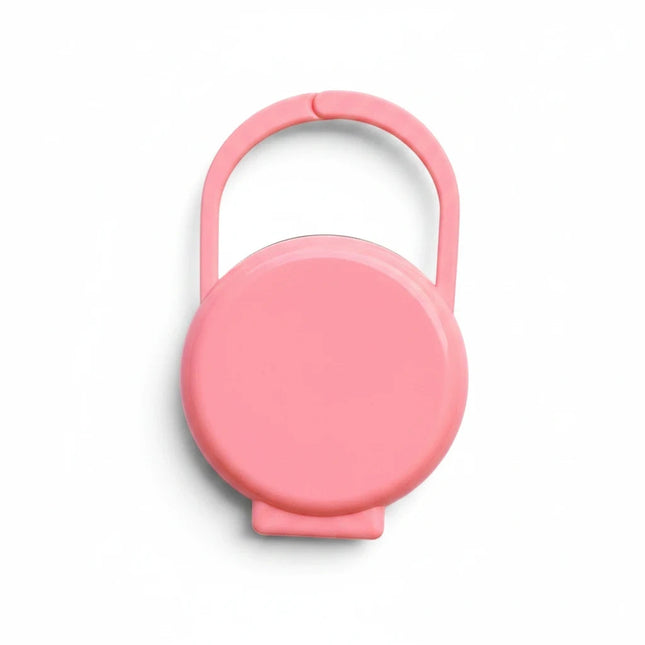 Tempo A Tempo pink plastic pacifier case with a convenient integrated handle for easy attachment to diaper bags.
