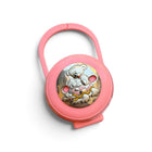 Tempo A Tempo pink plastic pacifier case with a silver teddy bear emblem and integrated handle for stroller attachment