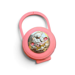 Tempo A Tempo pink plastic pacifier case with a silver teddy bear emblem and integrated handle for stroller attachment