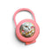 Tempo A Tempo pink plastic pacifier case with a silver teddy bear emblem and integrated handle for stroller attachment
