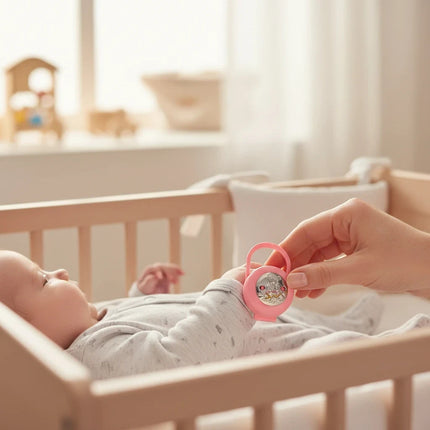 Tempo A Tempo pink pacifier case with silver teddy bear emblem held by a parent over a baby in a wooden crib