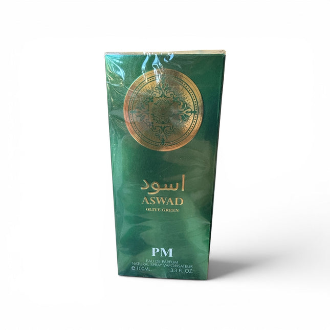 Tempo A Tempo PM Aswad Olive Green Eau de Parfum 100ml spray in a green box with a gold medallion design.