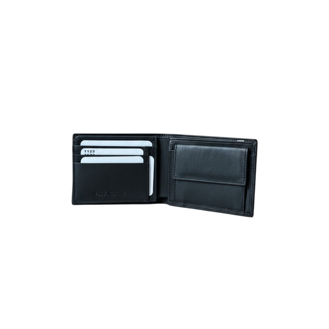 Portafoglio uomo Tempo A Tempo Regina Schrecker in vera pelle nera, modello slim aperto con scomparti per carte.